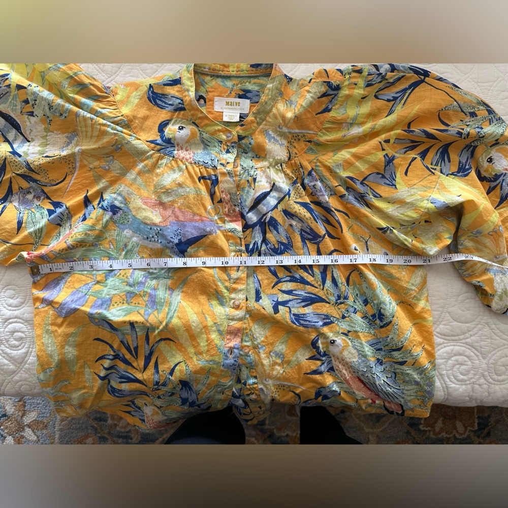 Maeve Size XS yellow tropical print cotton blouse. Front and cuff buttons - Picture 10 of 13